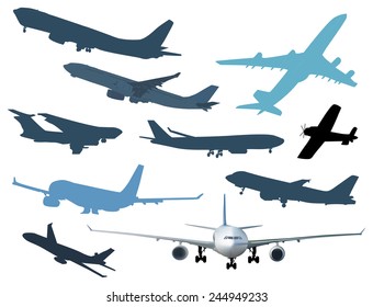 illustration with airplanes collection isolated on white background