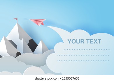 illustration of airplanes flying above mountains on blue sky.Creative design Paper cut and craft style of business teamwork or targeted mountain concept idea.scene your text space pastel color.vector