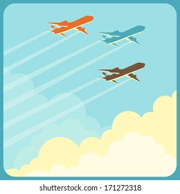 Illustration of airplanes flying in the sky over clouds.