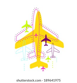 Illustration with airplanes. Line art and flat. Background for the web, print, banner, advertising.