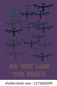 illustration of airplanes near do not lose the peace lettering on purple, support ukraine concept