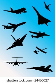 illustration with airplanes silhouettes collection isolated on white background