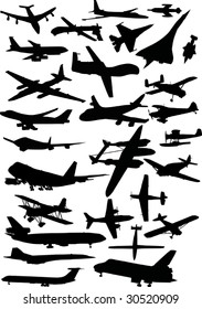 illustration with airplanes silhouettes collection isolated on white background