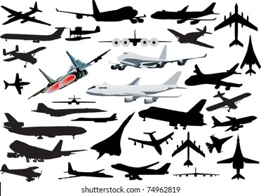 illustration with airplanes silhouettes collection isolated on white background