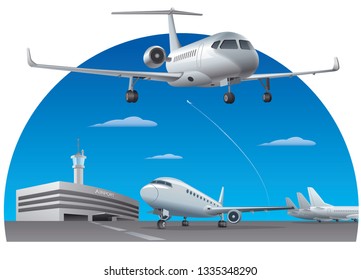 illustration of airport building with passenger airplanes