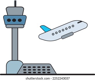 An illustration of the airport, the flight control towers, and the plane taking off from the airport, professionally, on a white background