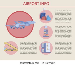 Illustration, Airport Info, Transportation Service. White Plane is Drawn on Pink Round Stick. Below is Car with an Airplane Ladder. On Icons Luggage, Information Equipment for Airport.