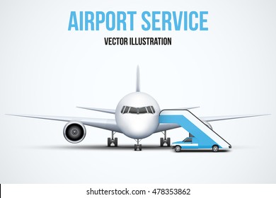 Illustration of Airport service. Front view of Civil Aircraft standing on the chassis and service stair car. Public or private plane. Vector isolated on background.
