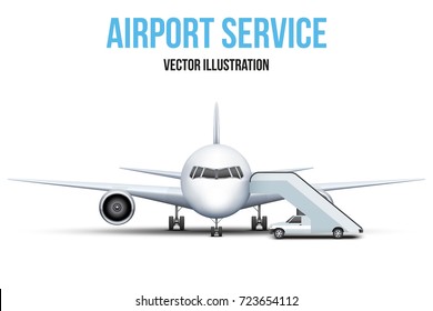 Illustration of Airport service. Front view of Civil Aircraft standing on the chassis and service stair car. Public or private plane. Vector isolated on background.