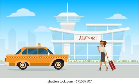 Illustration Airport / vector airport / A girl pulling her luggage on her way to ride a cab in front of an airport.