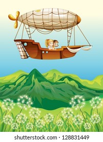 Illustration of an airship carrying two young girls