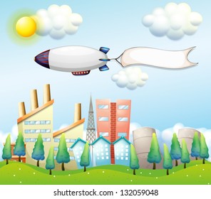 Illustration of an airship with an empty banner above the high buildings