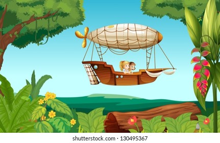 Illustration of an airship flying with two young girls