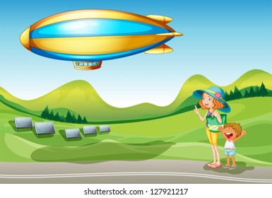 Illustration of an airship near the hills
