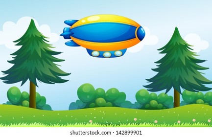 Illustration of an airship near the hilltop