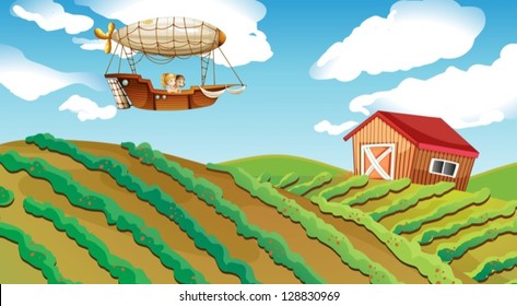 Illustration of an airship passing over a farm