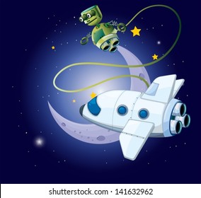 illustration of an airship and a robot in the outerspace