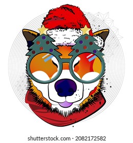 Illustration of Akita Inu wearing Christmas tree glasses. Christmas illustration.