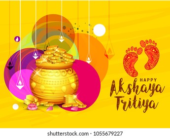 illustration of Akshaya Tritiya celebration with a golden kalash,gold bar and gold coins on decorated background.