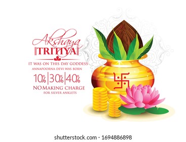 illustration of Akshaya Tritiya celebration with a golden kalash and   jewellery Sale