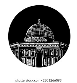 
illustration of al aqsa mosque in circle, black background, white lineart drawing, doodle style, featuring large dome, doors and pillars
