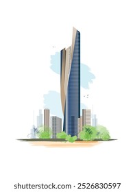 the illustration of Al Hamra tower in kuwait city. The Al Hamra is a tall offcie building.