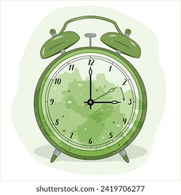 Illustration of an alarm clock. The green color symbolizes the spring time. Time change symbol. Moving the hands forward from 2:00 to 3:00. The arrow indicates the direction of setting of the hands.