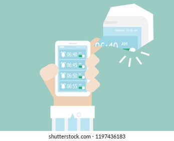 illustration of alarm clock ringing on smartphone in monday morning vector cartoon