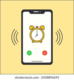 Ilustración de un reloj despertador sonando en un teléfono móvil. Ilustración plana de un reloj despertador de teléfono que suena.