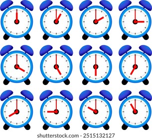 Illustration of an alarm clock showing various times from 1 o'clock to 12 o'clock.