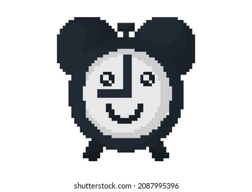 ilustración del reloj de alarma con cara sonriente con tema de píxel