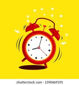 Illustration of Alarm Clock Sounds Up Early Preparing for Morning Activity. wake up time icon, flat design. Yellow background