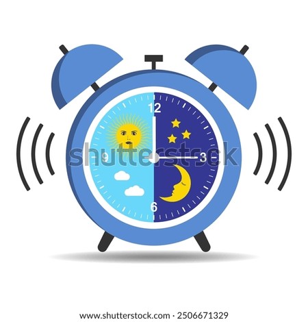 Illustration of alarm clock with sun, moon and stars on white background.