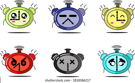 Illustration of an alarm clock with various expression set designs. Used for clock icon or commercial needs
