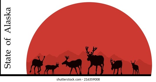 Illustration of Alaska, deer against the sun.
