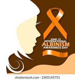 Illustration of an albino girl with an orange ribbon, ribbon and bold text on a dark brown background to commemorate International Albinism Awareness Day on June 13