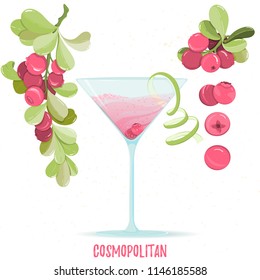 Illustration of alcohol cocktail cosmopolitan. Glass with summer cocktail, cranberry berries and lime zest isolated on white background. Hand drawn sketch for menu, invitation, banner, website