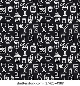 illustration of the alcohol drinks and beverages seamless black and white pattern