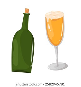 Illustration of alcoholic beverages beer in bottles and wine glasses with foam splashes