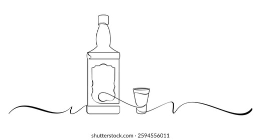 Illustration of Alcoholic drink bottle with shot glass in line art style.