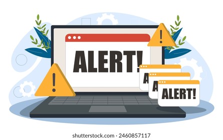 Illustration of an alert notification on a laptop screen with warning signs and alert messages, in a flat graphic style, on a light background, concept of cybersecurity. vector illustration