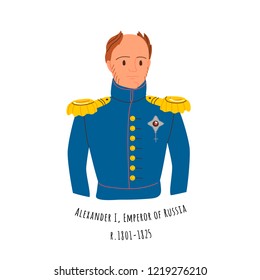 Illustration of Alexander I Romanov, emperor of Russia and first Russian king of Poland and Grand Duke of Finland. Portrait of historical figure in historical dress.