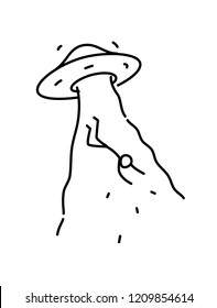 Illustration of alien abduction of man. Vector. Linear style. Illustration for website or presentation. Ship UFO abducts the inhabitants of the earth. They are among us.