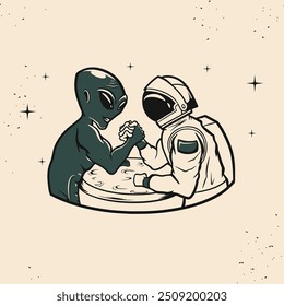 Illustration alien and astronaut Arm wrestling. Vector Illustration