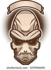 An illustration of an alien with banner.
