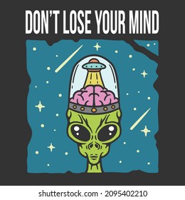 illustration of alien with brain protected by glass and absorbed by ufo