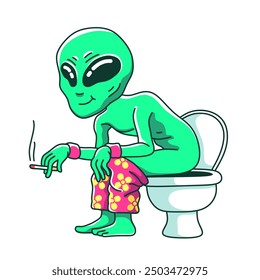 illustration of alien defecating while smoking in the toilet.silly cartoon,fantasy,outer space creatures,ufo and closet,imagination.hand drawn on white background