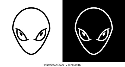 Illustration of an alien face, head, eyes. Space monster. Futuristic symbol icon, ufo inhabitant. Science, fantasy, creature, galaxy, invasion, universe, humanoid, fiction, cartoon. Vector design