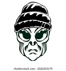 Illustration of Alien head with beanie for logo badge design vector element