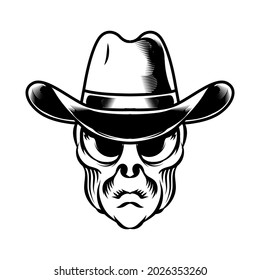 Illustration of Alien head with Cowboy hat for logo badge design vector element